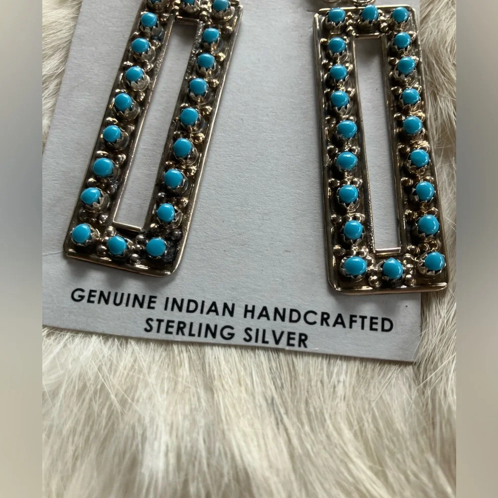 Zuni Turquoise Rectangular Drop Earrings - Picture 2 of 6
